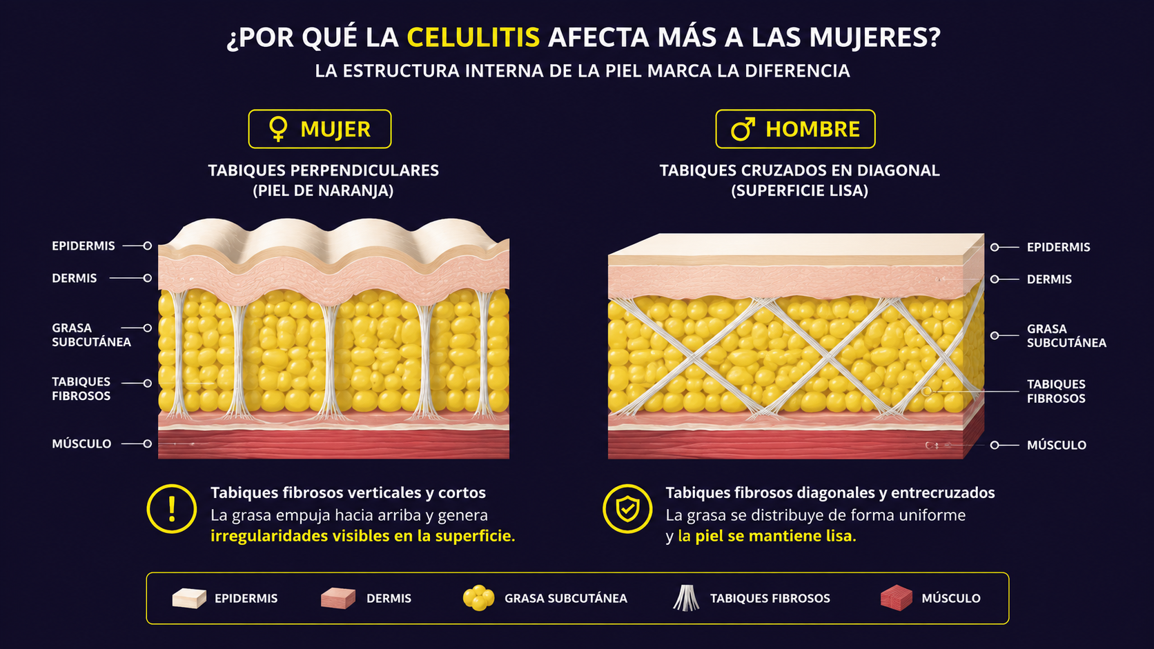 Infografía: estructura interna de la piel en mujeres y hombres. En la mujer los tabiques fibrosos son perpendiculares y la grasa empuja hacia la superficie creando piel de naranja; en el hombre los tabiques están en diagonal y la piel se mantiene lisa.
