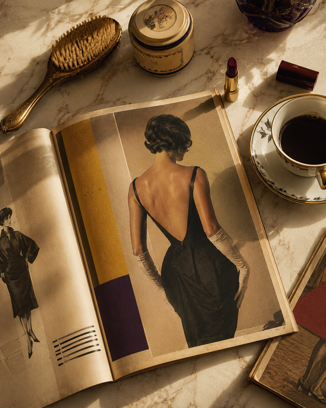 Revista vintage abierta sobre mármol con una modelo de espaldas vestida de negro, en alusión al artículo de Vogue 1968 que popularizó la celulitis como problema estético