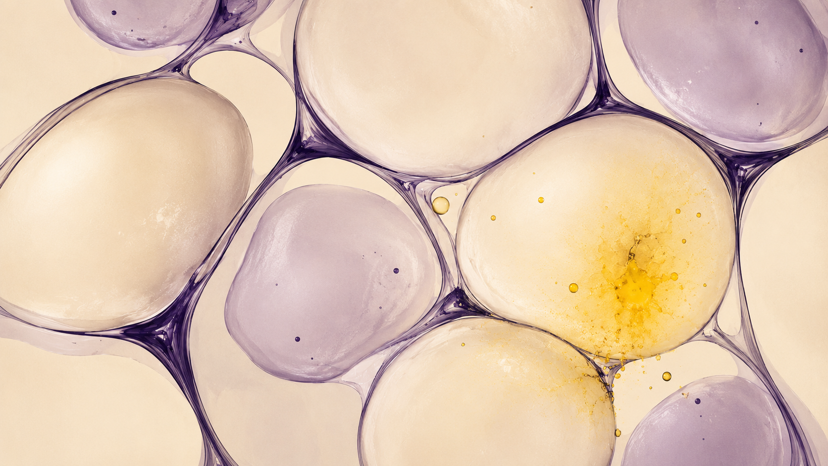 Representación abstracta de células de grasa con destello amarillo simulando endotoxinas bacterianas, ilustrando la hipótesis de endotoxemia selectiva de Kruglikov y Scherer