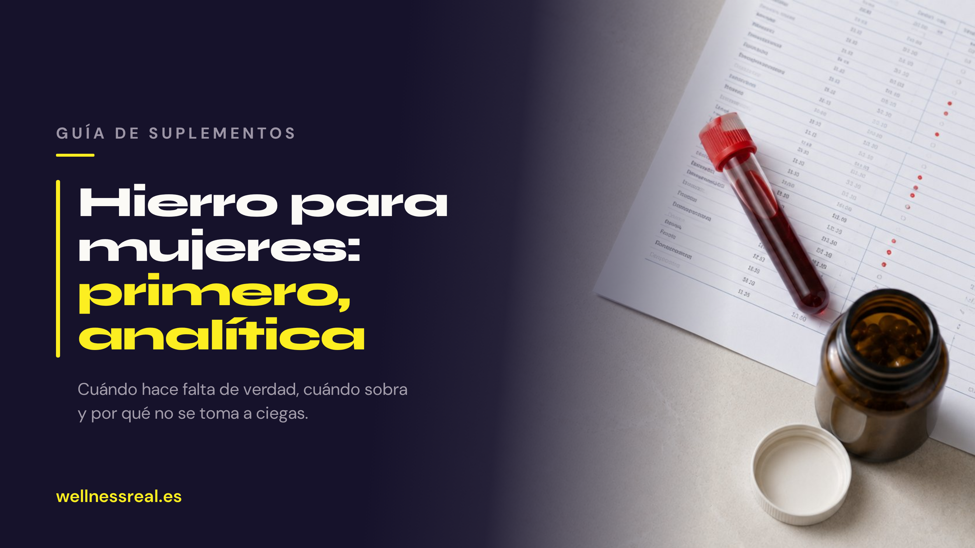 Bote de cápsulas de hierro junto a alimentos ricos en hierro — guía de hierro para mujeres de WellnessReal