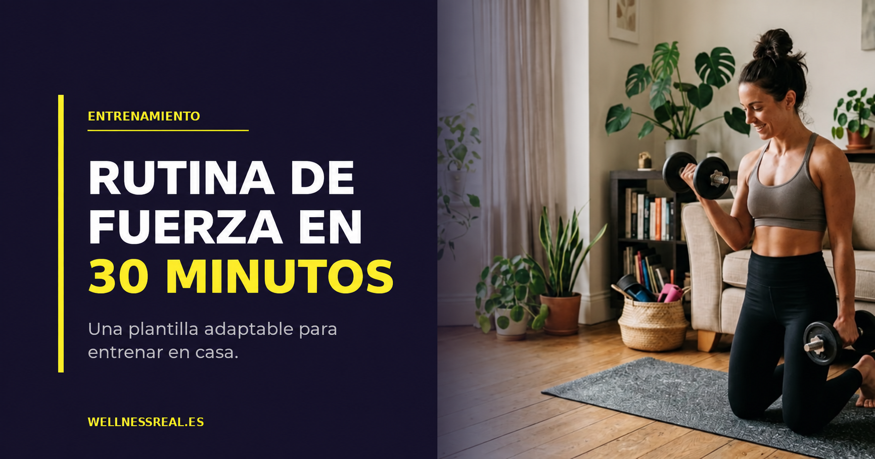 Mujer entrenando fuerza con mancuernas en casa