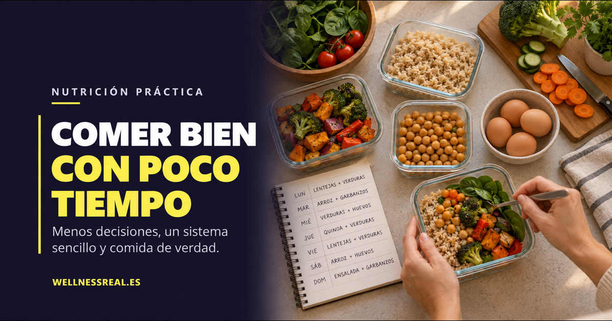 Preparación semanal flexible con verduras, arroz, garbanzos y huevos
