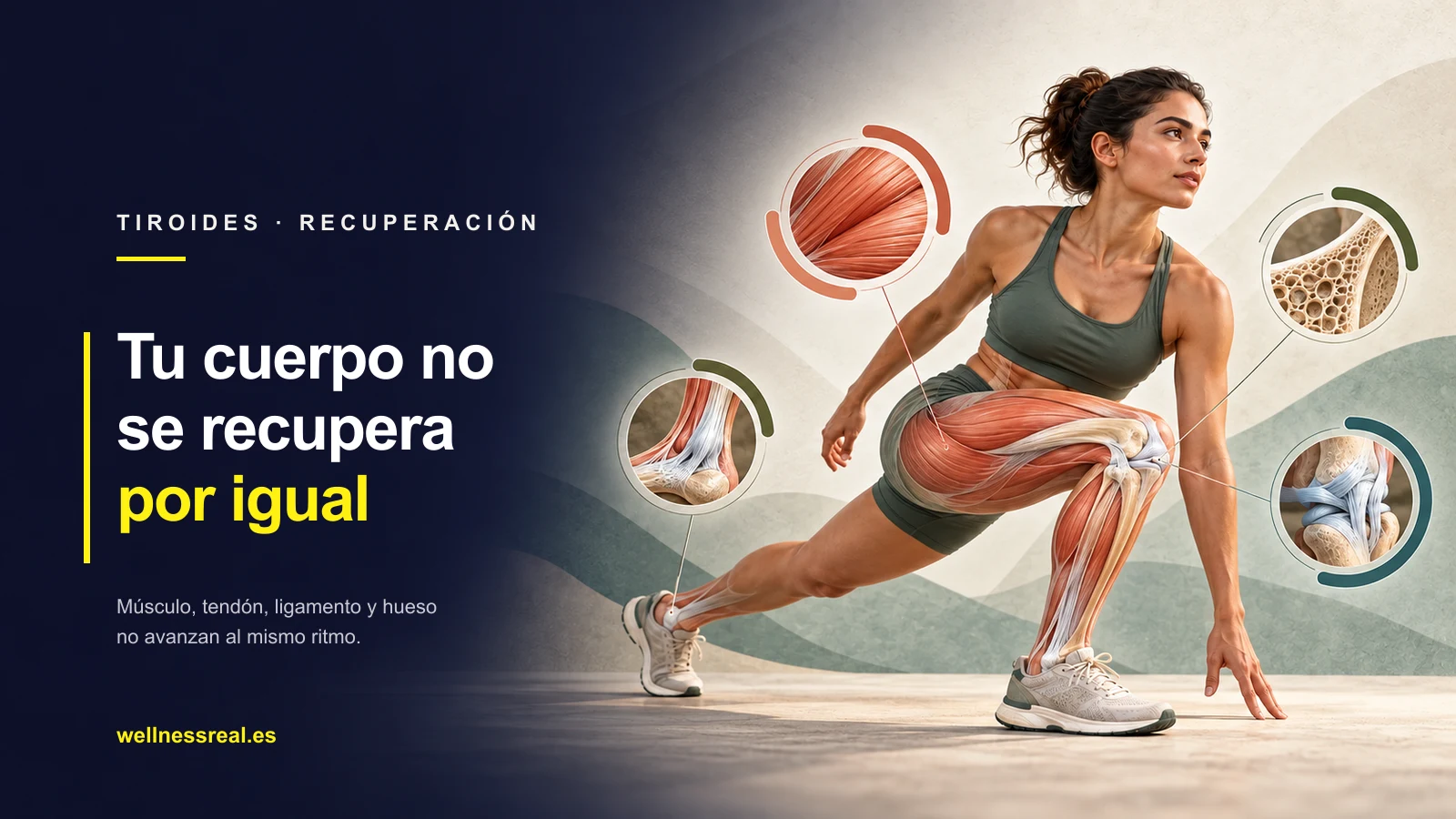 Ilustración de músculo, tendón, ligamento y hueso con el título Tu cuerpo no se recupera por igual