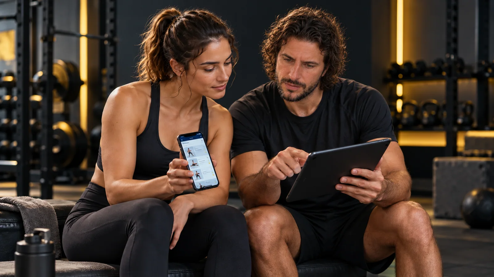 Fernando Royano revisando una app de entrenamiento junto a una clienta