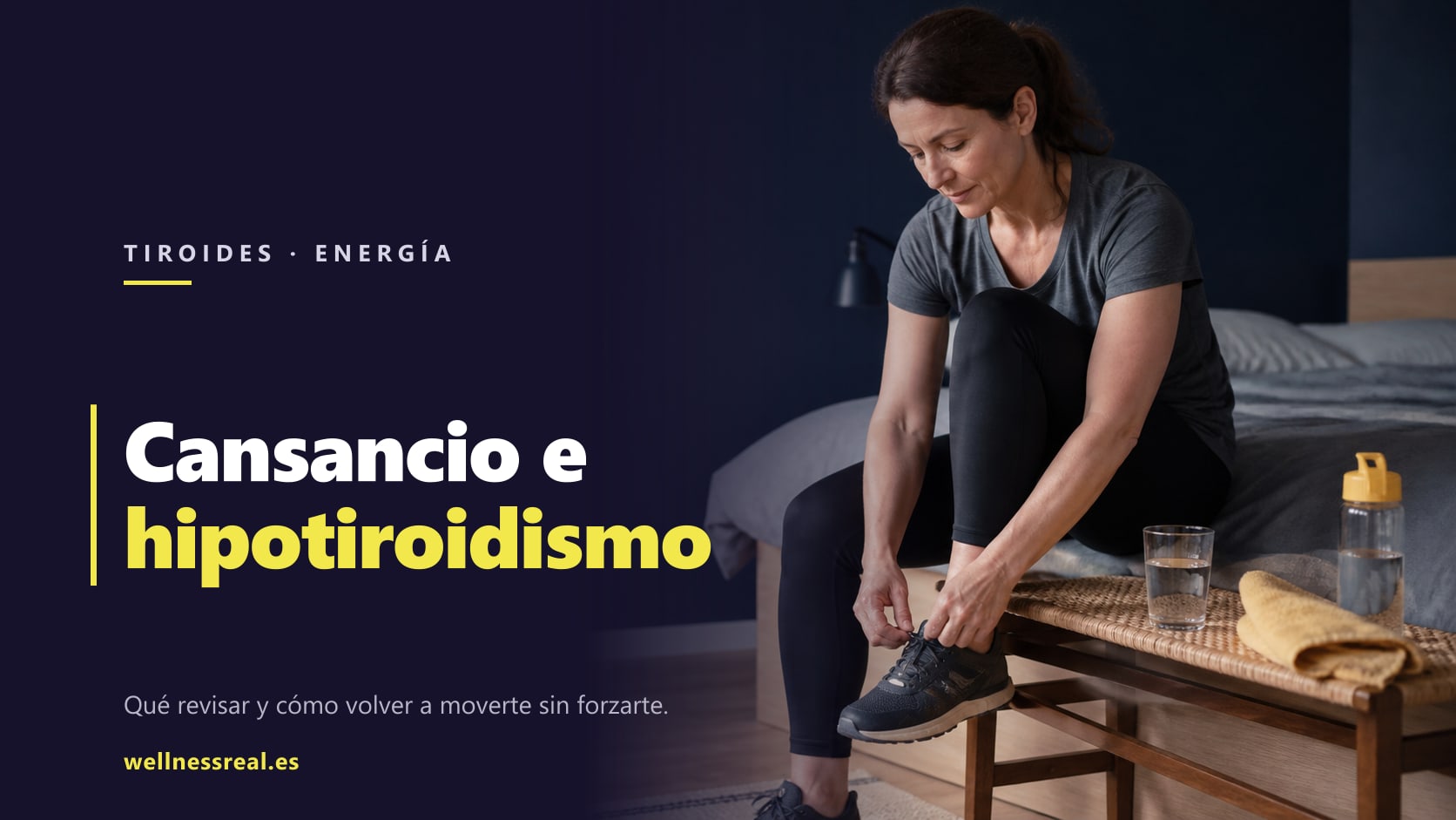 Mujer adulta preparándose para moverse en casa mientras se ata una zapatilla