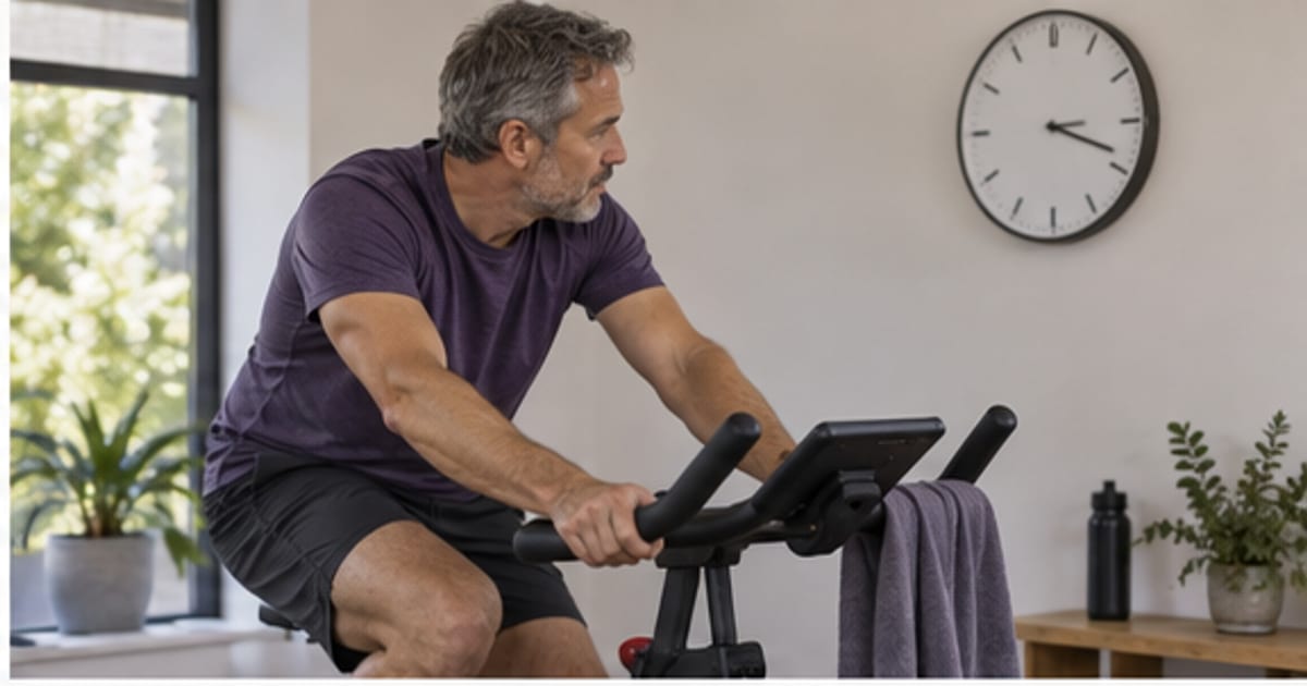 Persona caminando rápido en cinta con luz natural en gimnasio minimalista