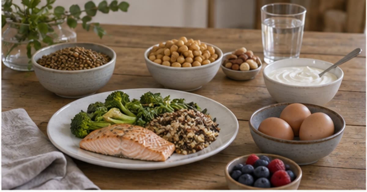 Plato con pollo a la plancha, garbanzos y verduras sobre mesa de madera