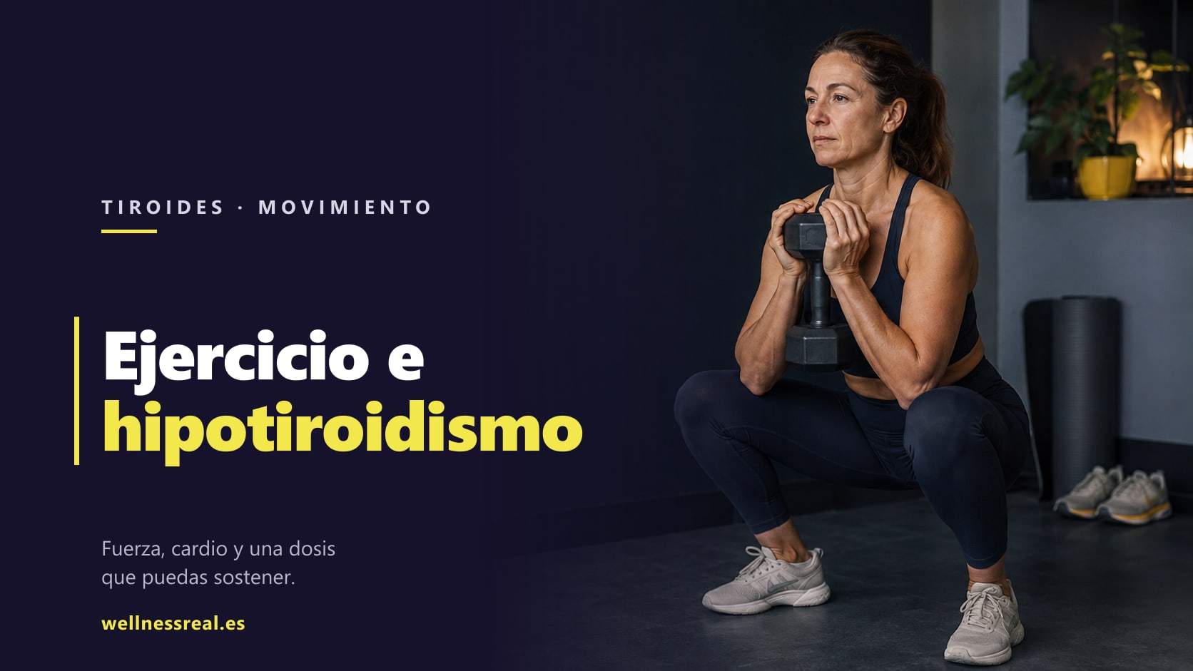Mujer adulta realizando una sentadilla con mancuerna en un espacio de entrenamiento doméstico