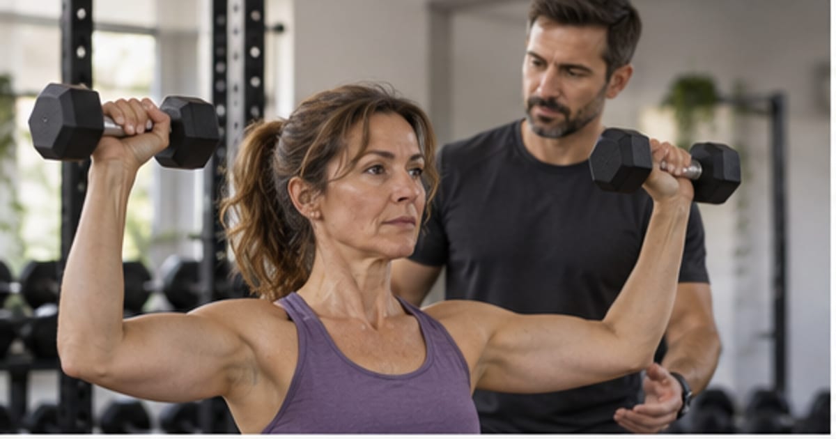 Hombre de mediana edad haciendo sentadilla con mancuerna en el gimnasio