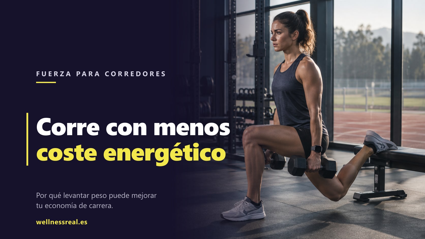 Corredor realizando una zancada de fuerza en un gimnasio junto a una pista
