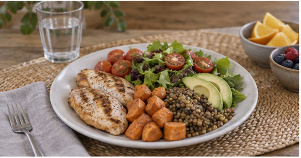 Plato de verduras, proteína y arroz integral con un vaso de agua sobre mesa de madera