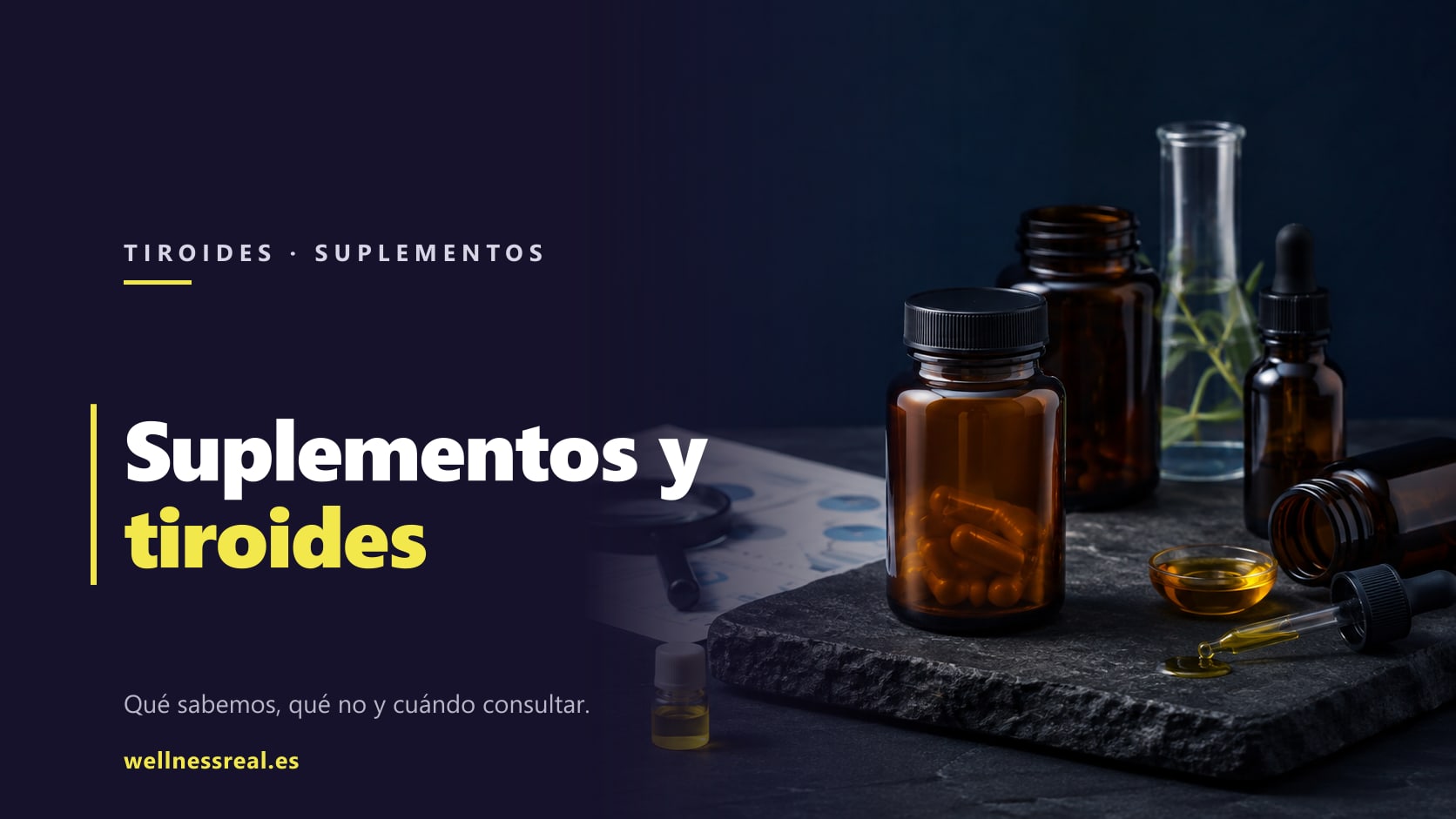 Botes de suplementos junto a un informe, portada de la guía sobre suplementos y tiroides