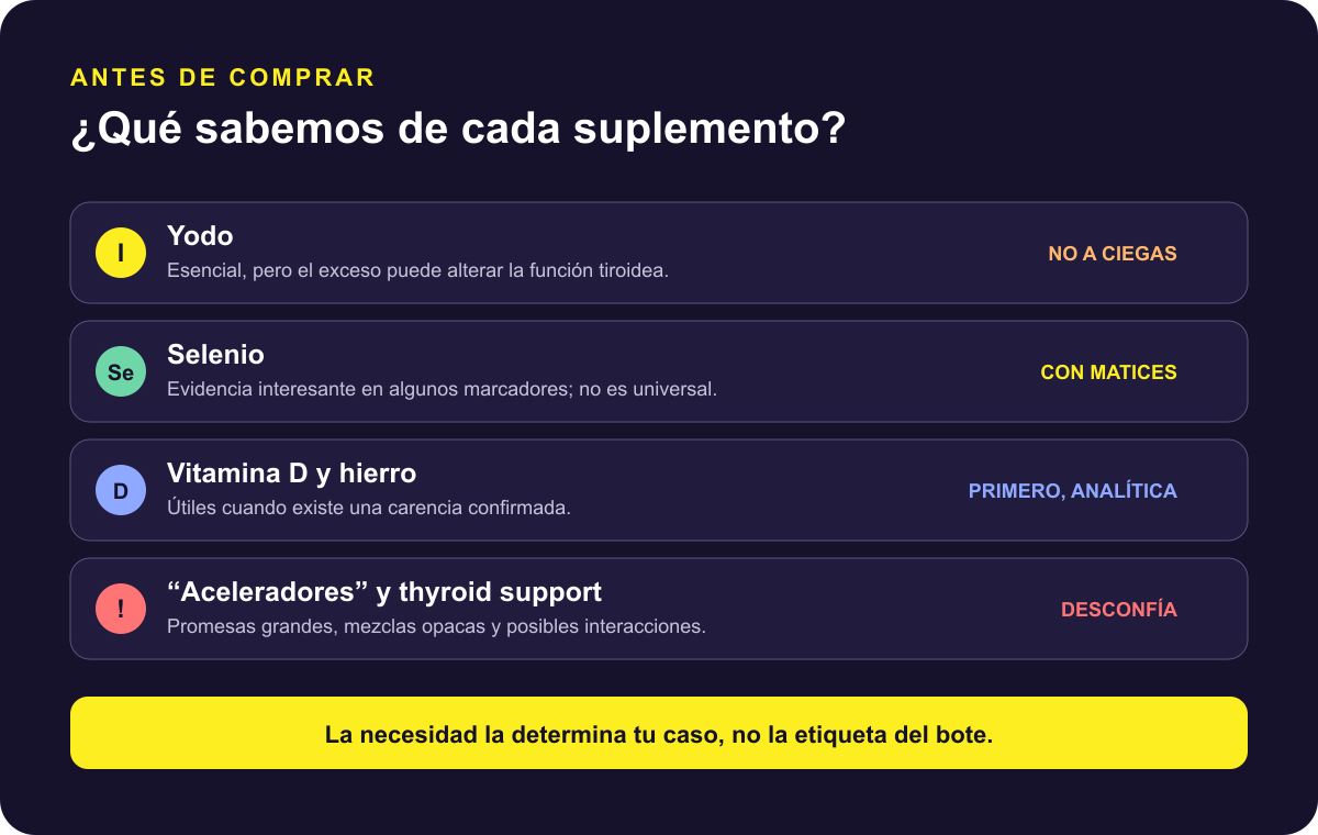 Comparativa visual de yodo, selenio, vitamina D, hierro y aceleradores del metabolismo según su utilidad y precauciones