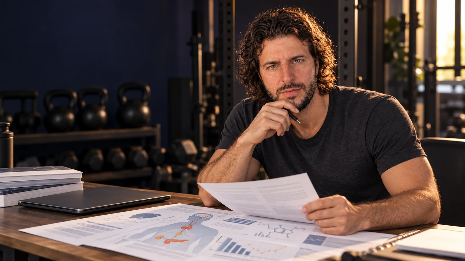 Fernando Royano revisando documentación sobre hormonas, salud y entrenamiento
